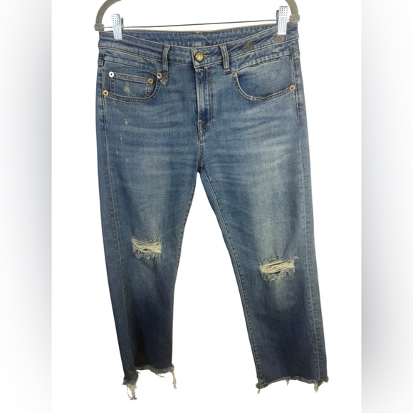 R13 Boy Straight Cropped Length Distressed Jeans in Baylis Wash Made in Italy 29 - Picture 1 of 16